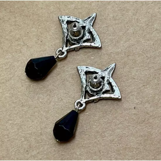 Vintage Art Deco Style Silver Earrings with Rhinestones & Black Bead Drop