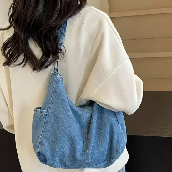 Denim Crossbody Shoulder Bag With Two Detachable Straps