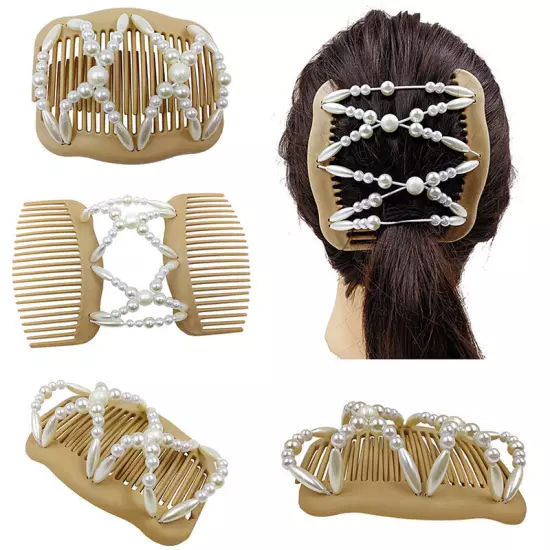 Womens Magic Slide Hair Elastic Double Beads Easy Stretchy Hair Comb Clips Pins│