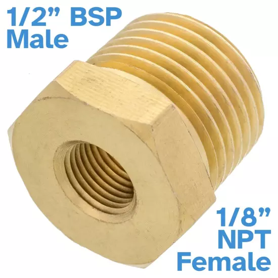 Brass 1/2" BSP Male To 1/8" NPT Female Pipe Reducer Threaded Adapter Fitting