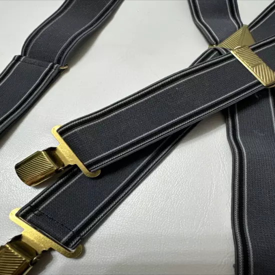 Vintage 50’s Suspenders Gray and Black Stretch Clip On Gold Rockabilly