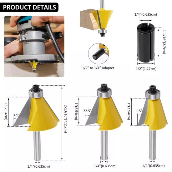 3Pcs 1/4" Shank Chamfer Router Bit Bevel Edge Forming Router Bit 15° 22.5° 30°φ