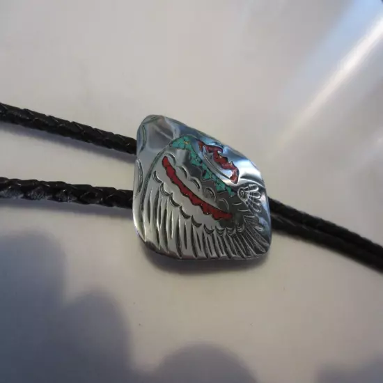 VERY VINTAGE ORIGINAL NATIVE USA STERLING SILVER/TURQUOISE BOLO TIE MARKED 'WM'.