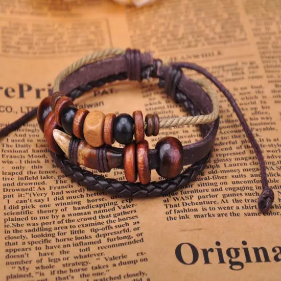 G276 Brown Cool Beach Leather Hemp Wood Beads Tooth Bangle Bracelet Cuff Men's