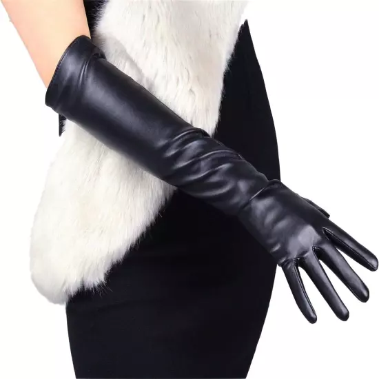 Women'S TECH LONG GLOVES Faux Lambskin Leather Soft Black Touchscreen Sensitive