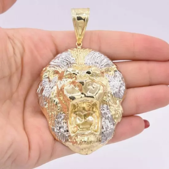 3" Roaring Lion Head Two-Tone Diamond Cut Pendant Real 10K Yellow White Gold