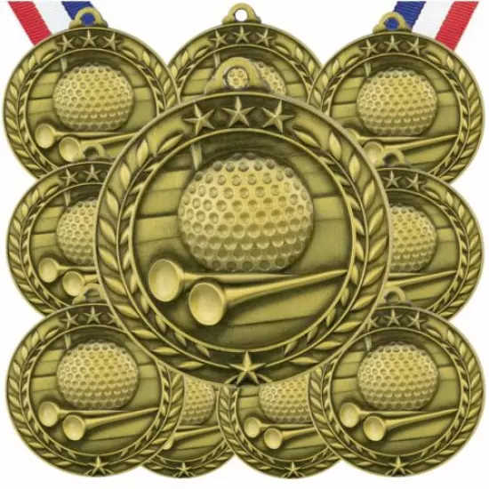 WAM926G - 10 Pack of Golf Award Medals with neck ribbons