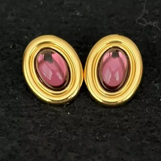 E10 Oval Gold Plated Pierced Earrings with Purple Glass Centers