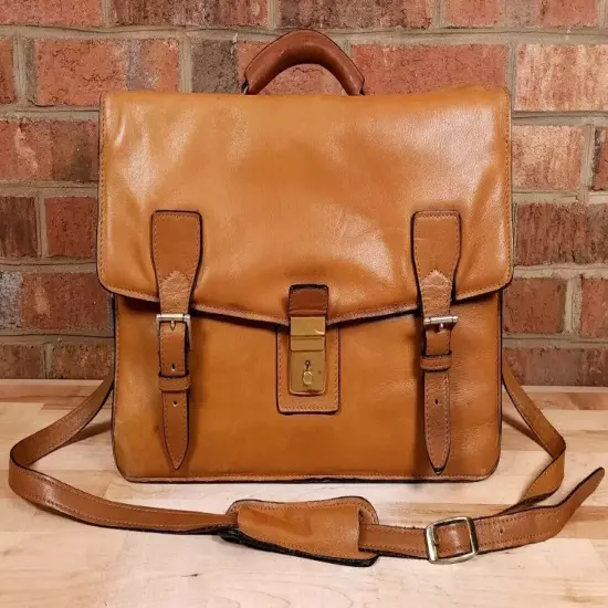 Vintage Tan Soft Leather Briefcase Messenger Bag Made In USA