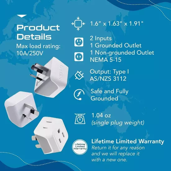 Ceptics US to Australia , China, New Zealand Power Adapter, 2 in 1 Type I 3 Pac