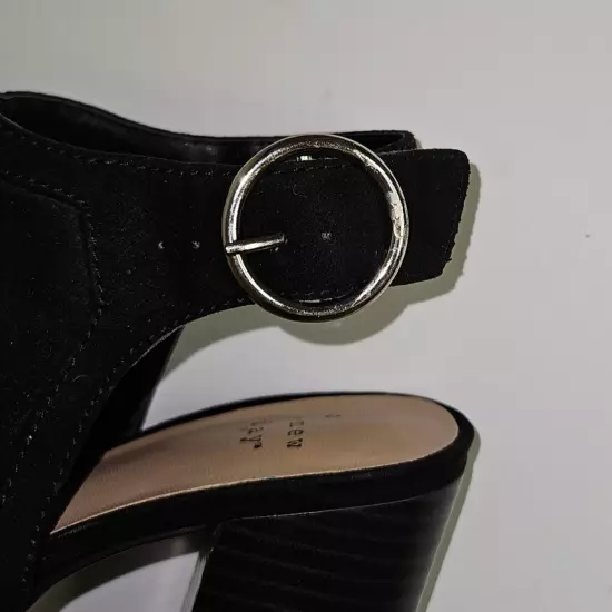 "A New Day" Chunky heel black suede sandal, Silver buckle on the ankle NWT