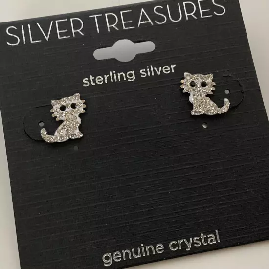 Sterling Silver Kitty Cat Post Earrings Petite Crystal Pave NEW