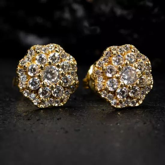 Yellow Gold 925 Sterling Silver Men's Flower Cluster Cz Stud Screw Back Earrings