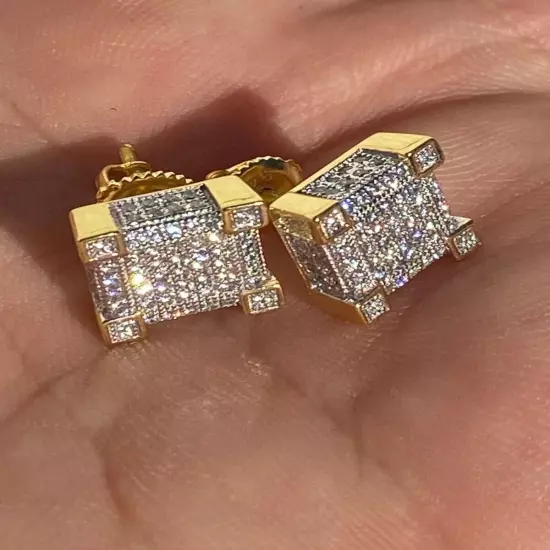 Mens Real Solid 925 Silver Iced CZ Hip Hop Earrings Stud 14K Gold Plated Hombre