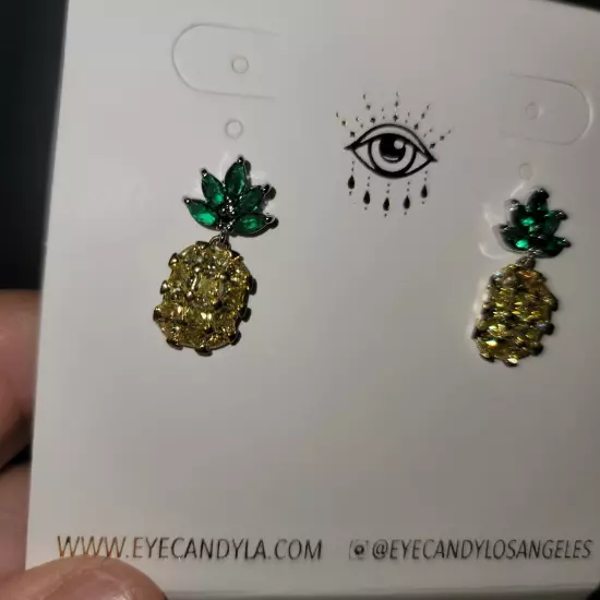 Eye Candy Lux CRUISING Pineapple Earrings Yellow Green Rhinestone Studs New