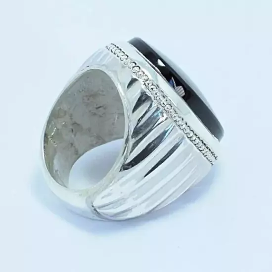 Mens Yemeni Aqeeq Ring - Big Kabadi Black Aqeeq Stone Ring