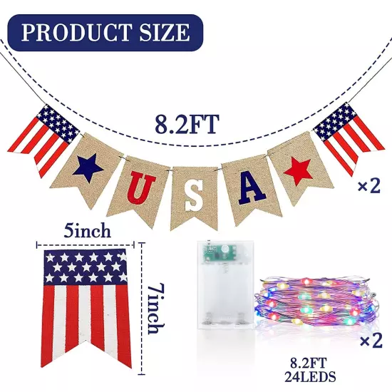 2 Pack American Flag Burlap Banners with Lights, 4th of July Decorations USA ...