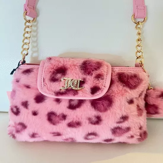 NWT JUICY COUTURE LIVE LAUGH CROSSBODY BAG PINK LEOPARD FAUX FUR