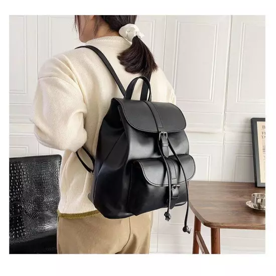 Women Drawstring Backpack PU Leather School Bags Belt Backpacks Ladies