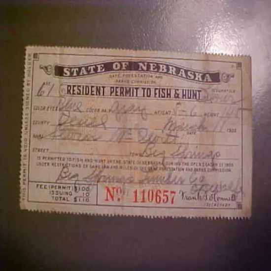 1935 NEBRASKA FISH AND HUNT LICENSE/PERMIT (FISHING & HUNTING)