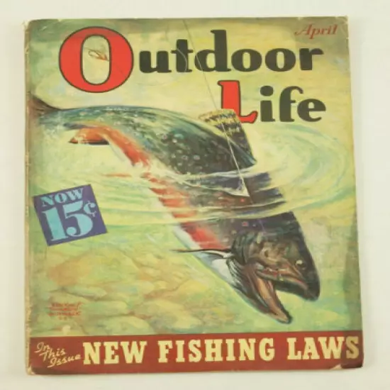 vtg OUTDOOR LIFE Magazine ~ April 1938 lovely Trout Fly Fishing Wittmack Cover 