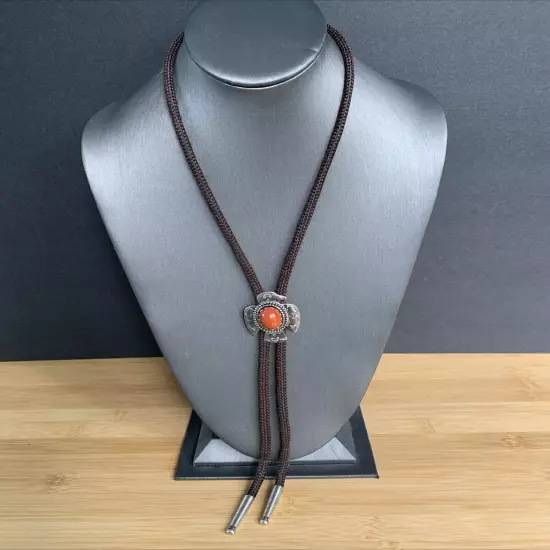 Vintage Native American Carnelian Stone Thunderbird Bolo Tie Brown Cord