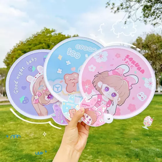 Foldable Cute Cartoon Hand Fan Summer Portable Small Round Fan D1P0