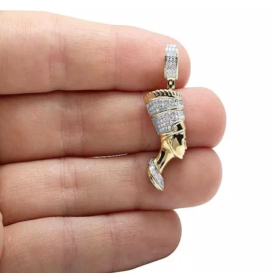 10K Yellow Gold Real Diamond Egyptian Queen Nefertiti Pendant Charm 1/4 Ct 1.4"