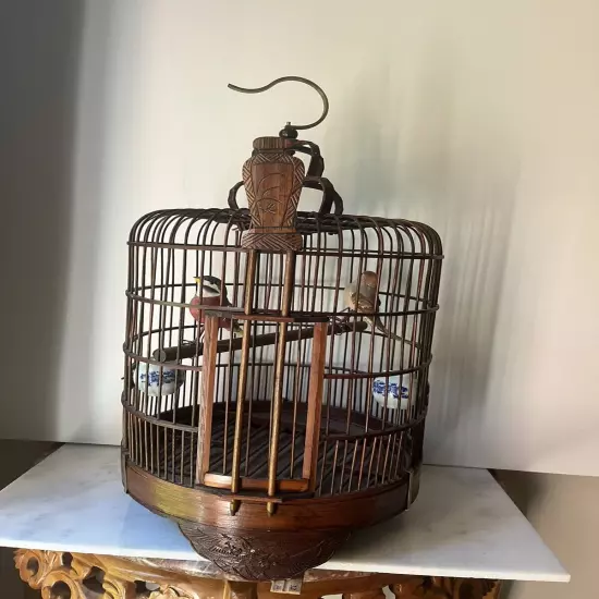 Vintage Chinese Bamboo Song Bird BirdS Cage Porcelain Feed Bowls