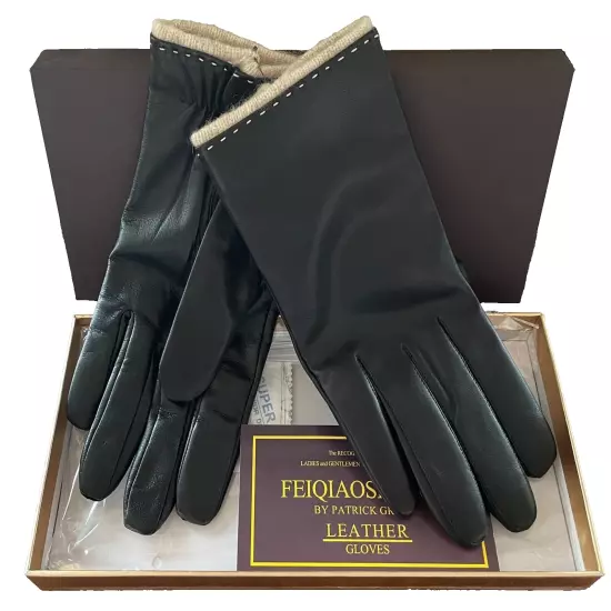 FEIQIAOSH Brand women's leather gloves medium poly wool lining black new in box