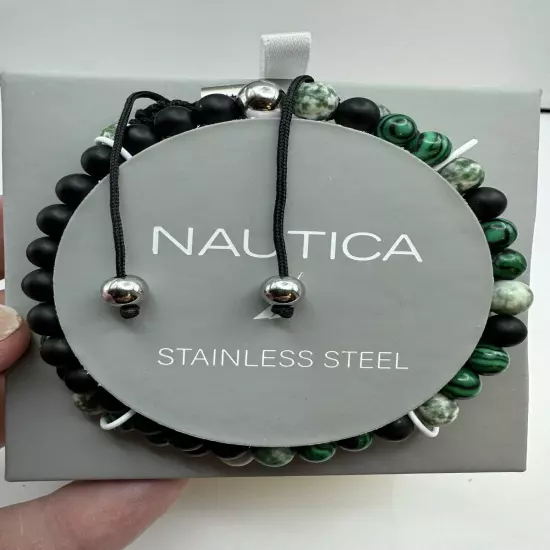 740-PATT Nautica NEW Men’s Black, Silver ,Green, White Beaded Stretch Bracelets