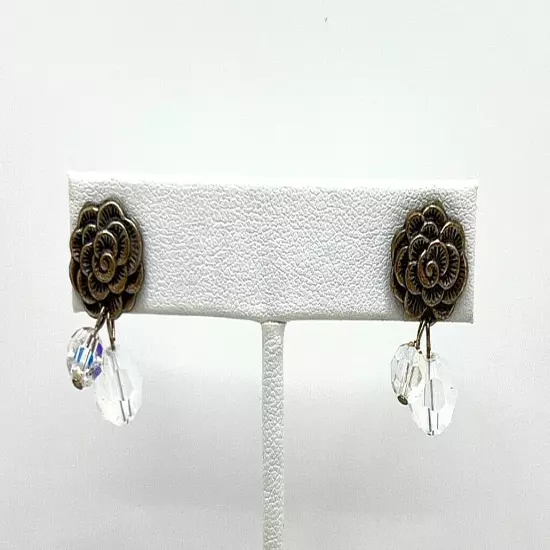 Pewter Tone Textured Rose Flower Stud Earrings w/Dangle Iridescent Clear Beads