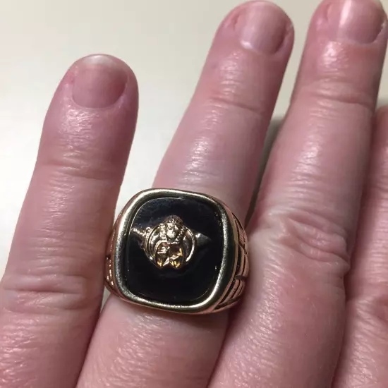 Vintage 18K HGE Gold Plated Shriner Black Mens Ring Size 9 NOS