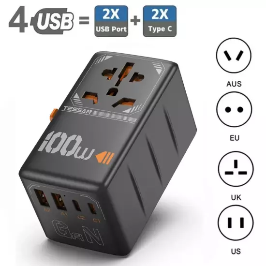 100W GaN Universal Travel Adapter with USB &Type C Fast Charging Adapter