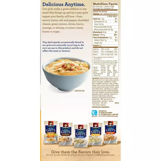 Quaker, Instant Grits, Cheddar Cheese, 0.99 oz, 22 Packets FREE SHIPPING