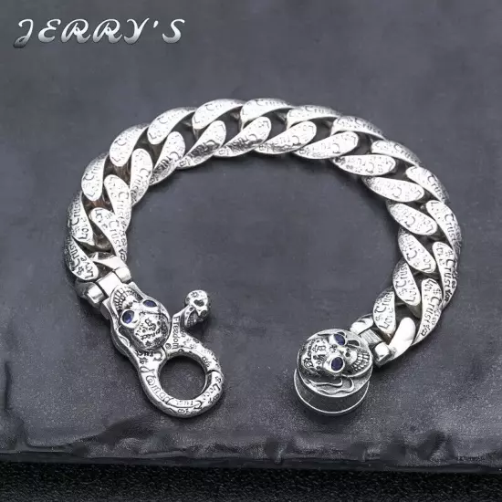 13MM Heavy Solid 925 Sterling Silver Cuban Link Skulls Pattern Bracelet Vintage