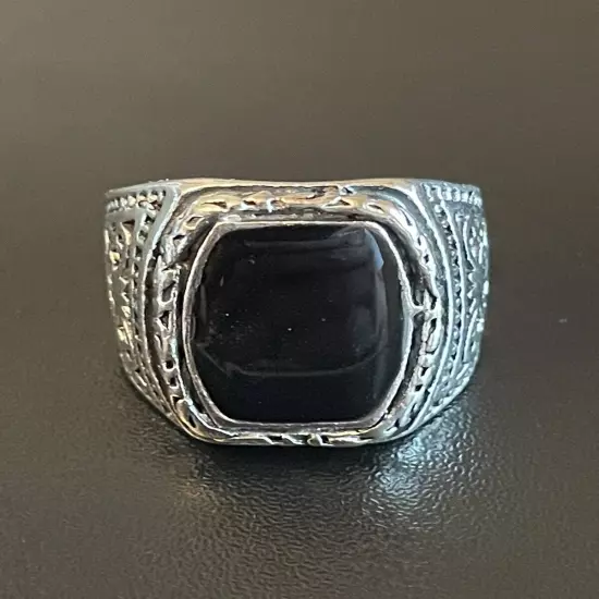 Trendy Black Obsidian Stone S925 Silver Plated Men Women Statement Ring Size 7.5