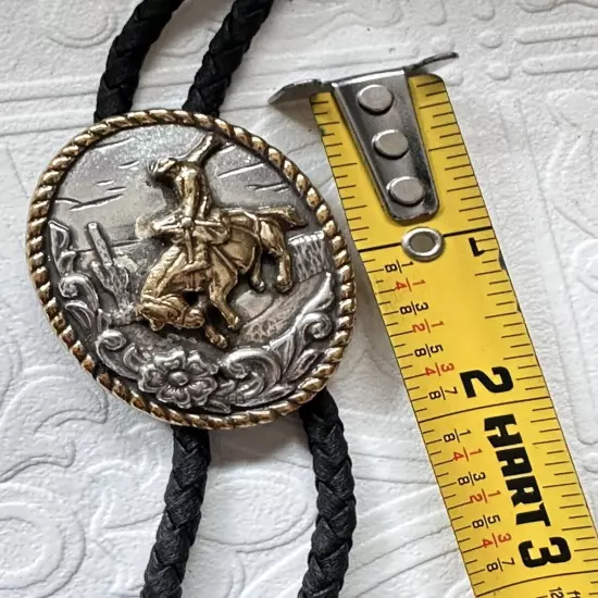 VTG Bolo Tie Ivan Cowboy 3D BULL RIDER Etched Design 18’ Braided Two Tone 1857 G