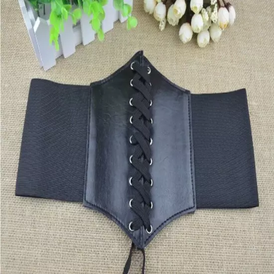 Leather Waist Belt Cincher Corset Black Wide Band Elastic Tied Corset