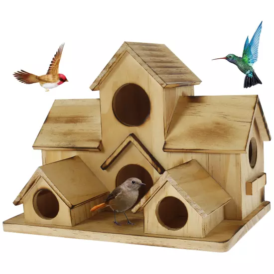 Bird House with 6 Holes Handmade Wooden Birdhouse Hanging Bird Nesting Box._