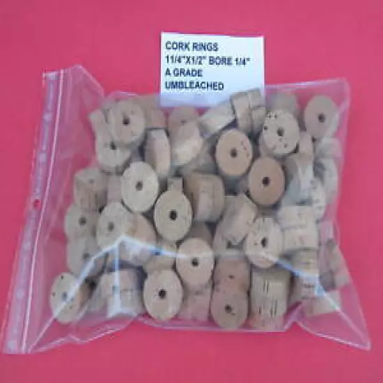 100 CORK RINGS 1 1/4"X1/2" BORE 1/4" GRADE A+