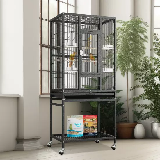 53" Metal Bird Cage with Rolling Stand and Castor Wheels, Large Bird Cages for P