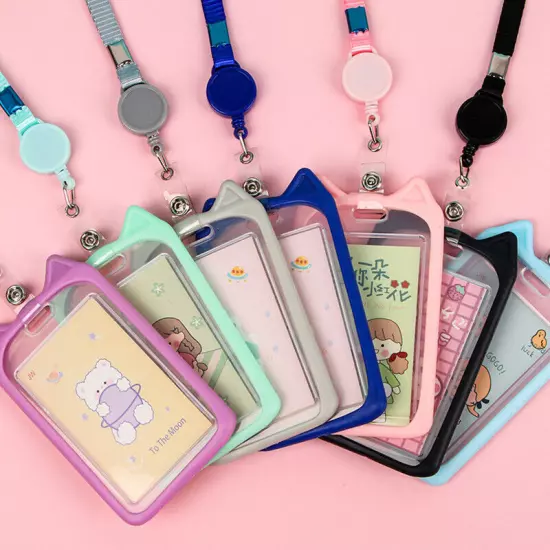 Cute Cat Ear ID Card Holder Retractable Reel Lanyard Credit Cover Case Kids Gift