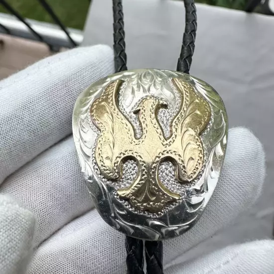 Stunning Tooled Gold And Silver Eagle Bolo Tie Vintage