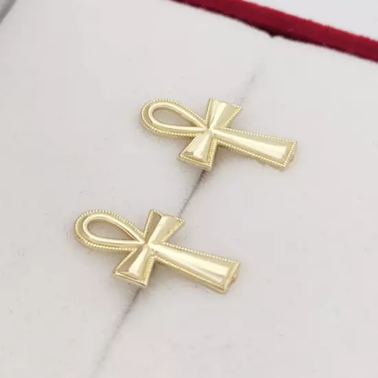 10K Yellow Gold Ankh Cross Earrings Egyptian Cross Earrings 13.5 mm x 7.5 mm