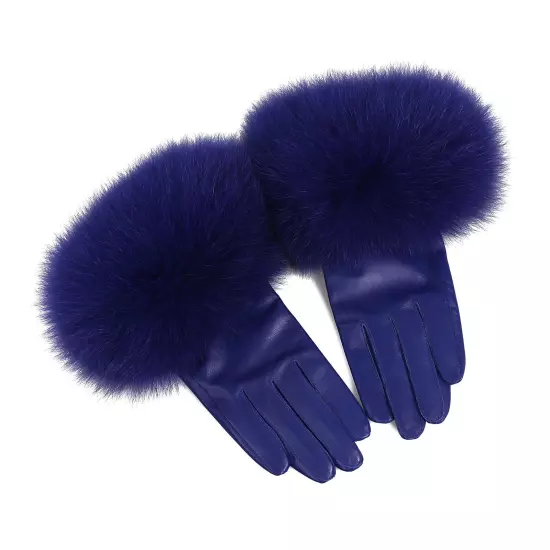 Women Genuine Lambskin Leather Gloves With Real Fox Fur Trim Cuff Winter Warm