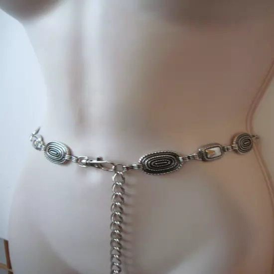 70's Ornate Silver Vintage Chain Belt O/S Adjustable Waist Full Length 58"