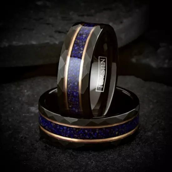 Black Tungsten Carbide Blue Lapis Lazuli Rose Gold Plated Wedding Band Ring