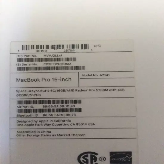 MacBook Pro16-Inch Model A2141 (Empty Box Only)