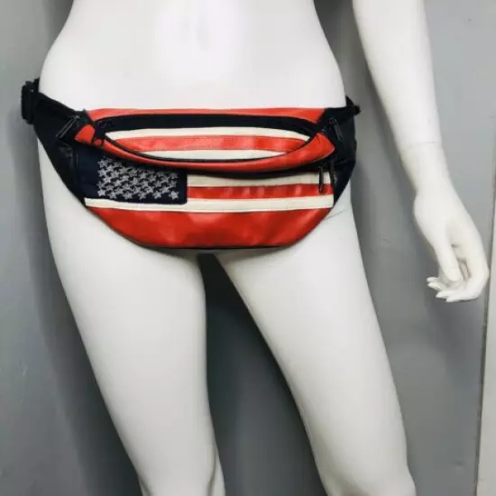 Vintage USA American Flag Leather Fanny Pack Waist Bag Purse Wallet Adjustable